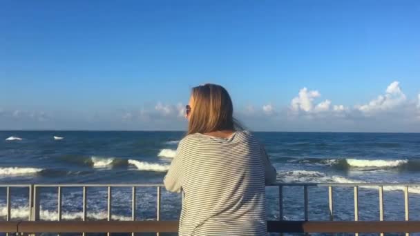 年轻的女人 一头长长的金发看着海浪 后视镜 慢动作 — 图库视频影像