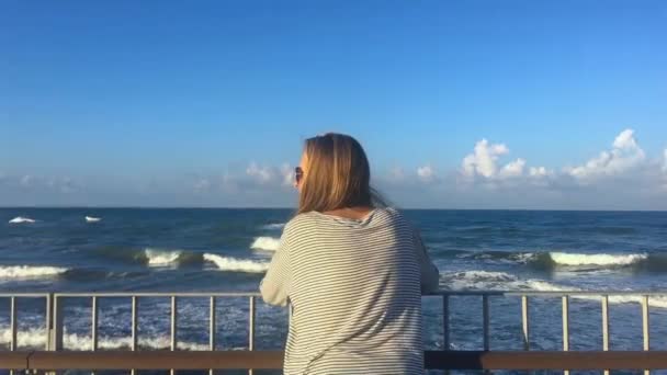 Mujer Joven Con Pelo Rubio Largo Mirando Las Olas Del — Vídeos de Stock