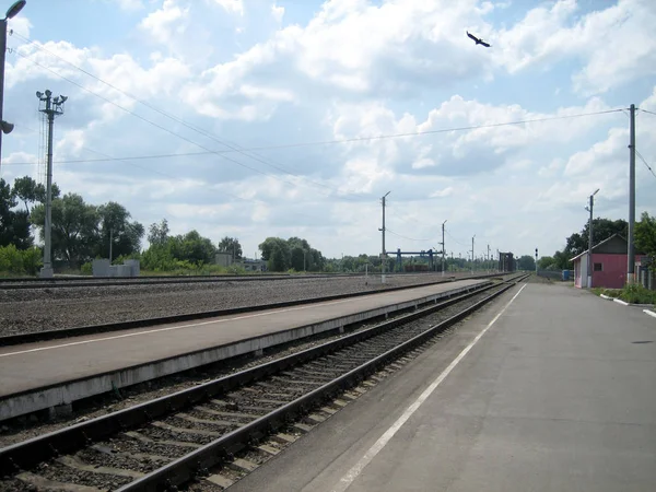 Közvetlen vasúti vágány keresztül egy kis állomás a városon kívül egy nyári napon. Acélsíneket fektetnek egy alacsony peron mentén. Egy ragadozó madár lebeg az égen a felhők alatt.. — Stock Fotó