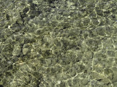 Güneşin yansımasındaki berrak suyun içinden kumdan oluşan sığ deniz tabanını, gri kahverengi renkli çakıl taşlarını ve taşları görebilirsiniz..