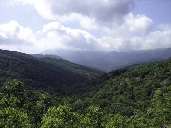 Vale Colinas Cobertas Com Baixa Floresta Verde Longe Silhuetas Das — Fotografia de Stock