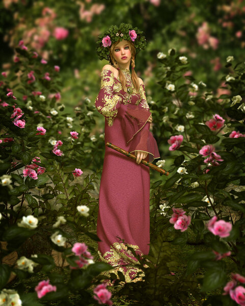 3d computer graphics of a girl with a flute, who stands in a rose garden