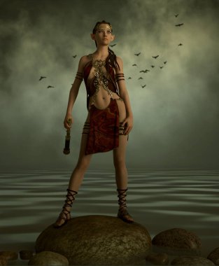 Fantezi elbiseli, elinde teleskop olan elf bir kadının 3 boyutlu bilgisayar grafikleri.