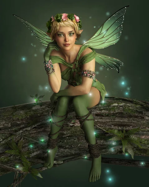 一个长着翅膀 花环和萤火虫的厚脸皮仙女的3D计算机图形 — 图库照片