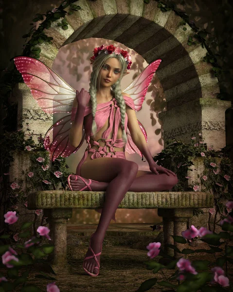 Computer Graphics Cute Fairy Sitting Bench Garden — Stock Photo, Image