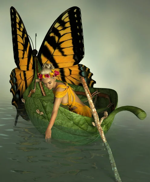 一个坐在蝴蝶船上的女孩的3D计算机图形 — 图库照片