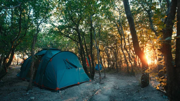 Tenda de acampamento na floresta com luz solar. Conceito de Camping de Destino Viajante — Fotografia de Stock