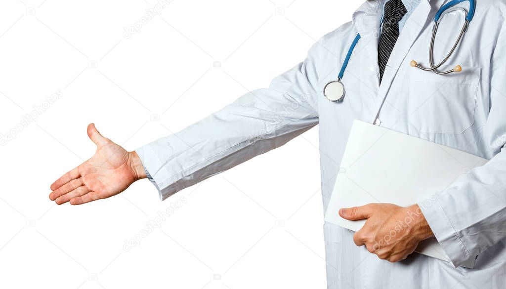 Unrecognizable Man Doctor With Medical Card Holds Out His Hand To Say Hello. Greeting Patient. Healthcare Medicine Concept