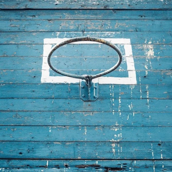 Old Hoop Basketball Background, Closeup Low Angle. Street Sport Concept