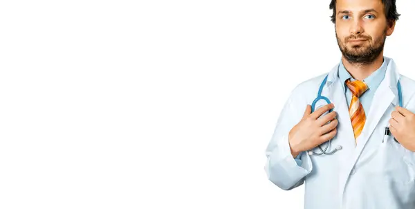 Friendly Doctor In White Coat Holds Hand On Stethoscope. People Care And Medicine Concept — Stock Photo, Image