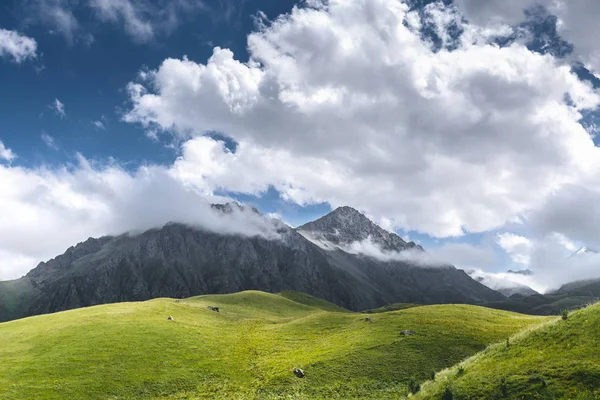 Pitoresk yeşil tepeler, çayır ve bulutlar dağlar. Elbruz, Kuzey Kafkasya, Rusya Federasyonu — Stok fotoğraf