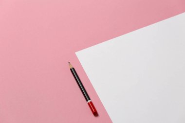Pembe arka plan, üstten görünüm üzerinde boş bir sayfa üzerinde siyah kalem yatıyor. Ofis alanı yaratıcılık minimalizm kavramı