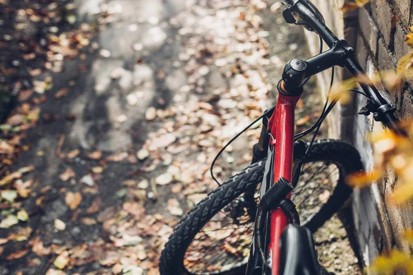 Bicicleta Montaña Encuentra Cerca Una Pared Ladrillo Vista Desde Los — Foto de Stock