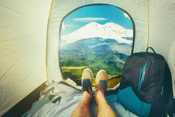 Hiker Man Sitting Tourist Tent Elbrus Mount Travel Discovery Concept — Stock Photo, Image