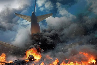 Uçak kazası, uçak yangını ve duman. Hava yolculuğu konsepti korkusu