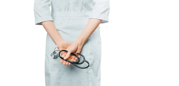 Kvinnlig Läkare Vit Rock Hålla Stetoskop Händerna Bakre Isolerad Bakgrund — Stockfoto