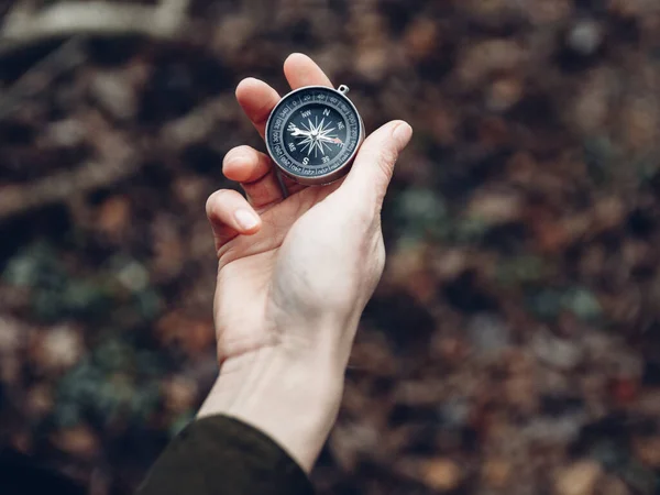 Female Hand Compass Background Forest Point View Royalty Free Stock Images