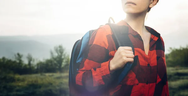 Unrecognizable Girl Traveler Red Plaid Shirt Backpack Landscape Background Scout — Stock Photo, Image