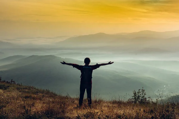 Joven Viajero Para Acantilado Las Montañas Verano Amanecer Disfruta Una — Foto de Stock