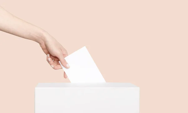 Medeni Eşitlik Hakları Konsepti. Kadın El, Açık Güneş Şeftali Arkaplanındaki Oy Kutusunda Oy Veriyor
