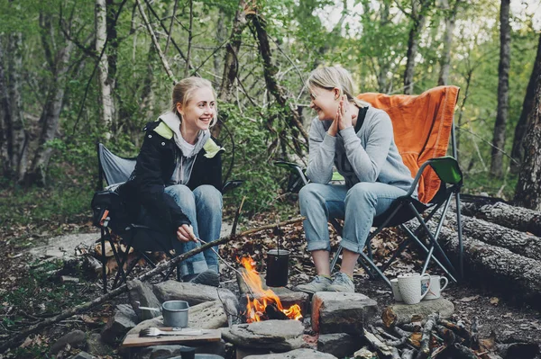 Two Young Girls Enjoy Camping Vacations Stock Picture