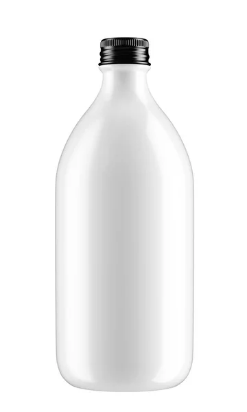 Bílá skleněná láhev s černou deskou — Stock fotografie