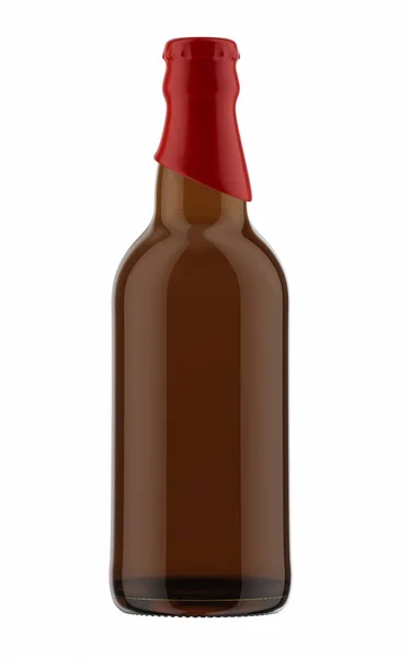 Dessus rouge sur bouteille brune de bière — Photo