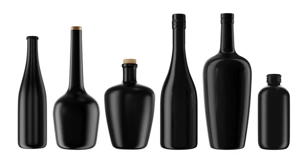 Fekete üveg alkoholos italokban sor — Stock Fotó