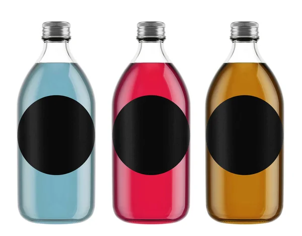 Bouteilles en verre avec étiquettes rondes noires — Photo