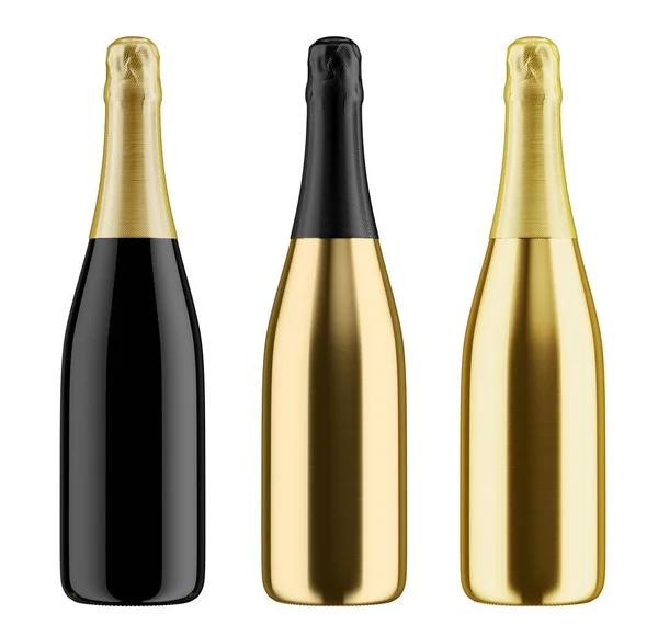 Uppsättning av gyllene och svarta champagne flaskor — Stockfoto