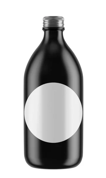 Černá skleněná láhev s bílým štítkem — Stock fotografie