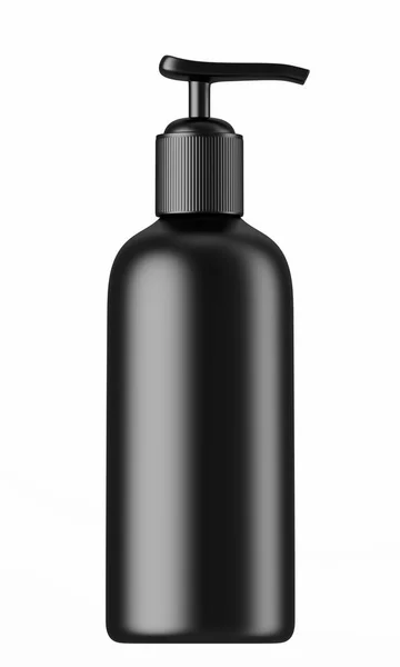 Black plastic cosmetic bottle with dispenser — Stock Photo, Image