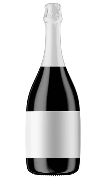 Black champagne bottle with diagonal label — Stock Photo, Image