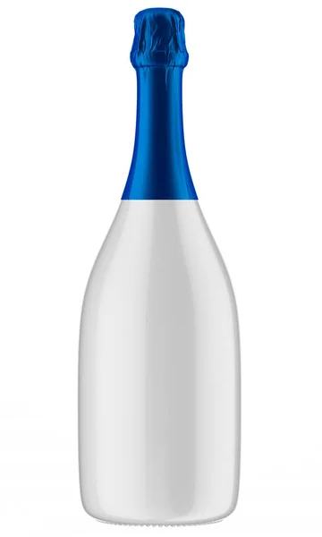 Weiße Champagnerflasche mit blauem Verdeck — Stockfoto