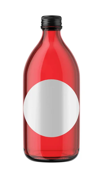 Bottiglia di vetro rosso con etichetta bianca Foto Stock