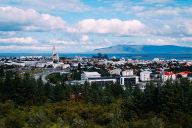 Reykjavik 'in merkez kısmının görüntüsü öğleden sonra bir gözlem güvertesinden