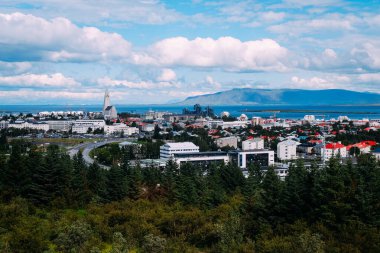 Reykjavik 'in merkez kısmının görüntüsü öğleden sonra bir gözlem güvertesinden