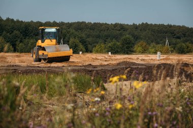 Sarı asfalt kaldırıcı sıkıştırıcısı güneşli bir günde bir inşaat alanında kumlar üzerinde çalışıyor.