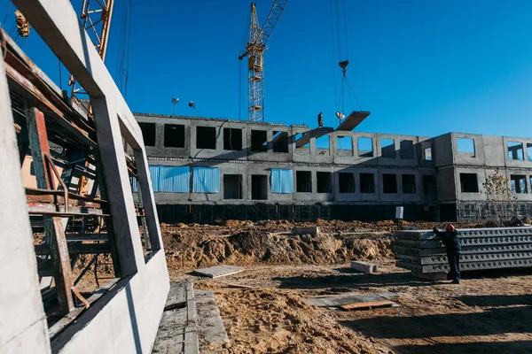 concrete reinforced concrete blocks from which the house is built at the construction site in summer