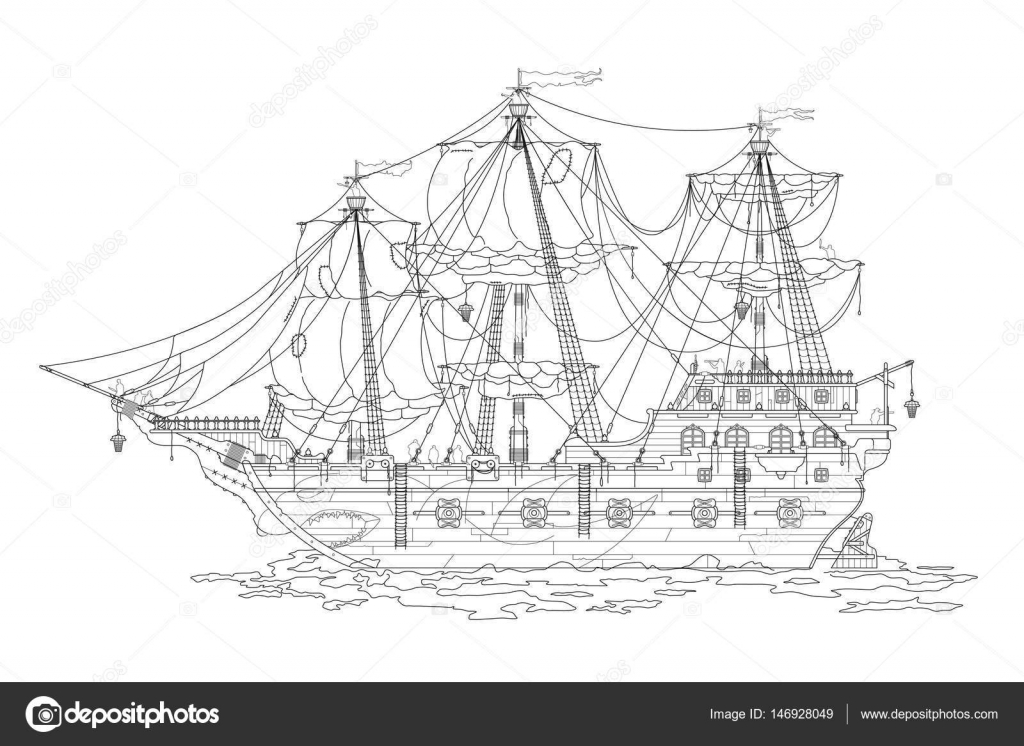 Bateau de pirate dessin dessin animé livre   colorier coloriage pour adultes   la main