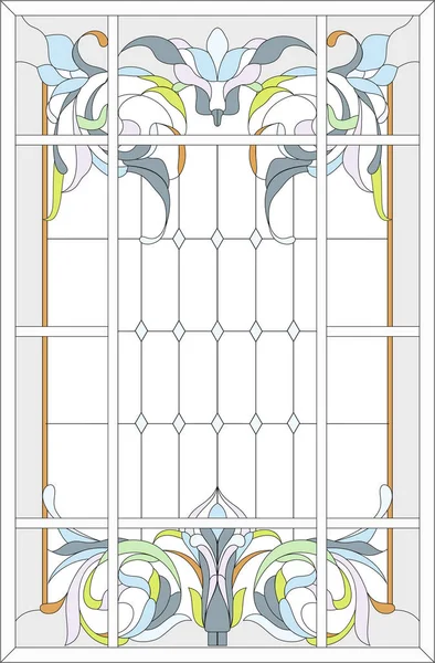 Målat glas panel i en rektangulär ram, abstrakta blomsterarrangemang av knoppar och blad i jugendstil — Stock vektor