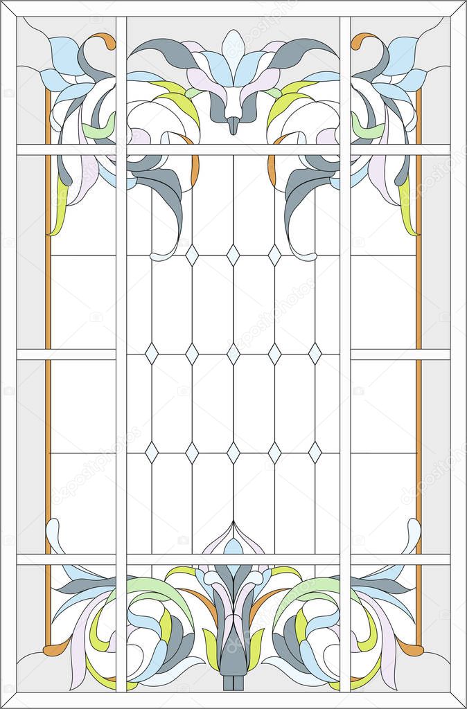 Stained-glass panel in a rectangular frame, abstract floral arrangement of buds and leaves in the art Nouveau style