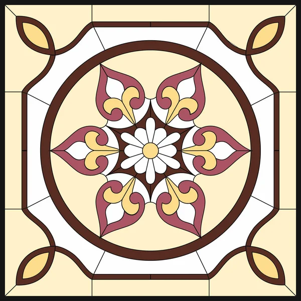 Stained glass window / abstract flower in square frame. — Vector de stock