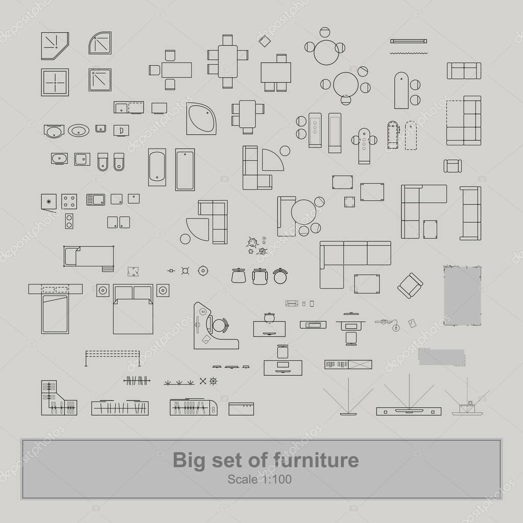 Große Möbel Draufsicht für Wohnungen-Plan festgelegt — Stockvektor