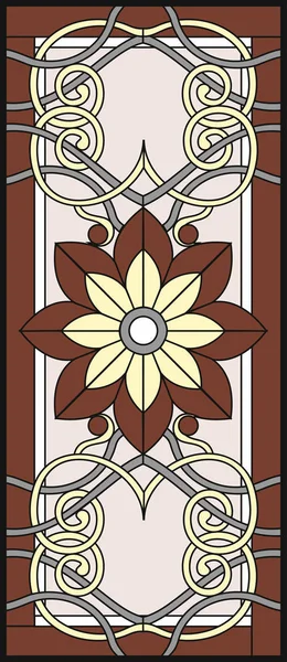 Blyinfattade fönster i en rektangulär ram. Blomsterarrangemang och ornament i vektorgrafik, med abstrakt virvlar och lämnar, horisontell orientering / colorfull blommor symmetrisk komposition. — Stock vektor