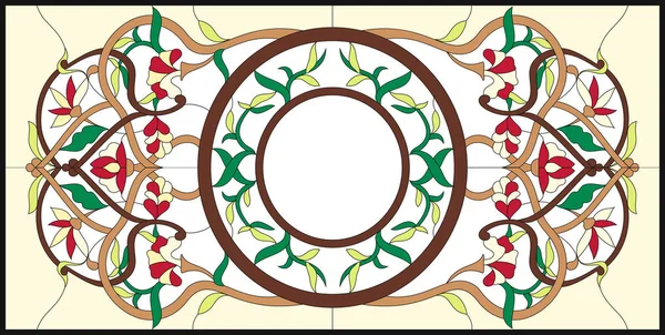 Vidriera en marco rectangular. Arreglos florales y ornamentos en gráficos vectoriales, con remolinos y hojas abstractas, orientación horizontal / composición simétrica floral colorida . — Archivo Imágenes Vectoriales