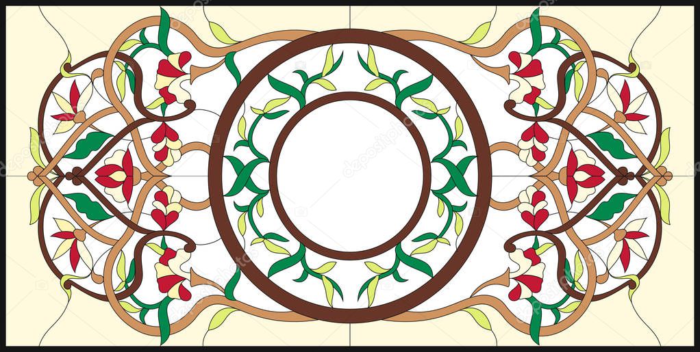 Stained glass window in a rectangular frame. Flower arrangements and ornaments in vector graphics, with abstract swirls and leaves, horizontal orientation / colorfull floral symmetric composition.