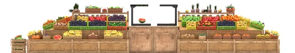 Cabines de marché avec fruits et légumes, aliments frais, Isolé sur fond blanc, rendu 3d — Photo