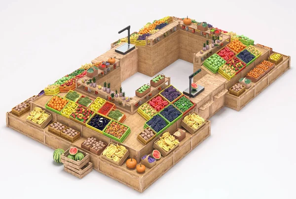 Puestos de mercado con frutas y verduras, alimentos frescos, aislados sobre fondo blanco, 3d render — Foto de Stock