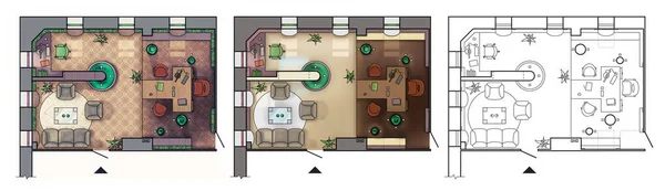 Plano colorido arquitectónico del piso del gabinete de trabajo interior, oficina moderna, en vista superior, ilustración de trama —  Fotos de Stock